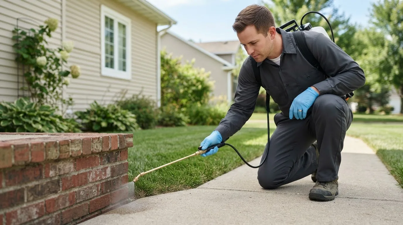 Pest control technician treating a home near Iowa Falls, IA