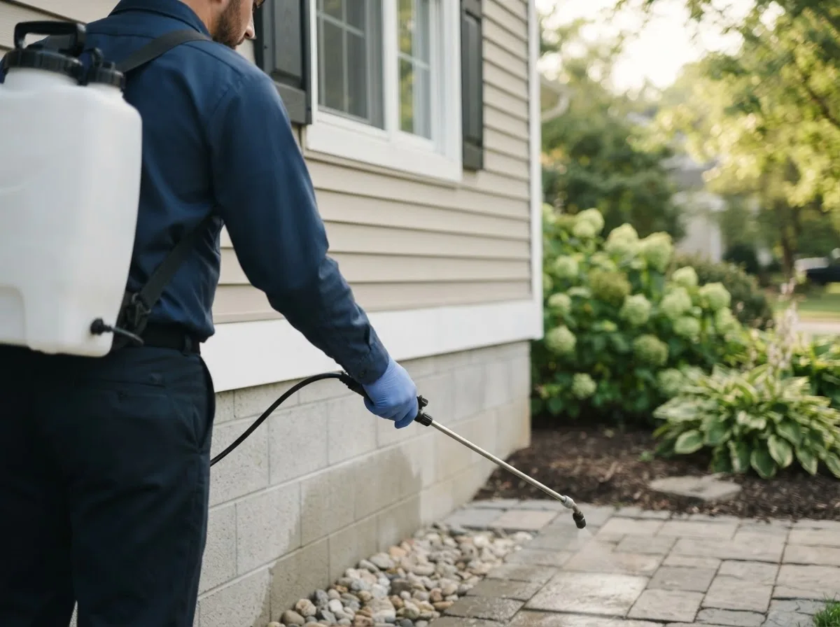 Pest control technician inspecting a home in Iowa Falls, IA
